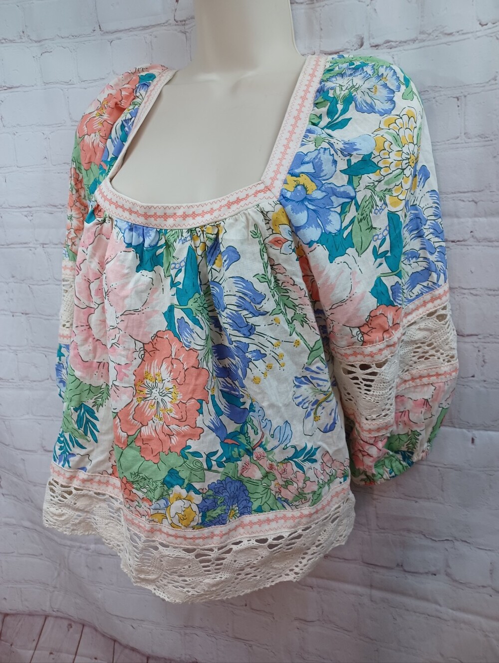 Christian Siriano Multicolor Garden Floral Lace-Trim Peasant Blouse L - Picture 9 of 10